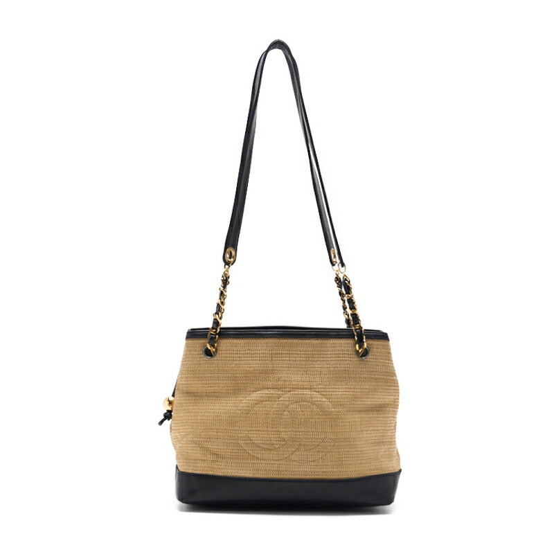CHANEL Shoulder Bag, Coco Mark, Double Chain, Straw and Lambskin, Beige, Gold-Tone Hardware, Pre-Owned - Vintage La Charme