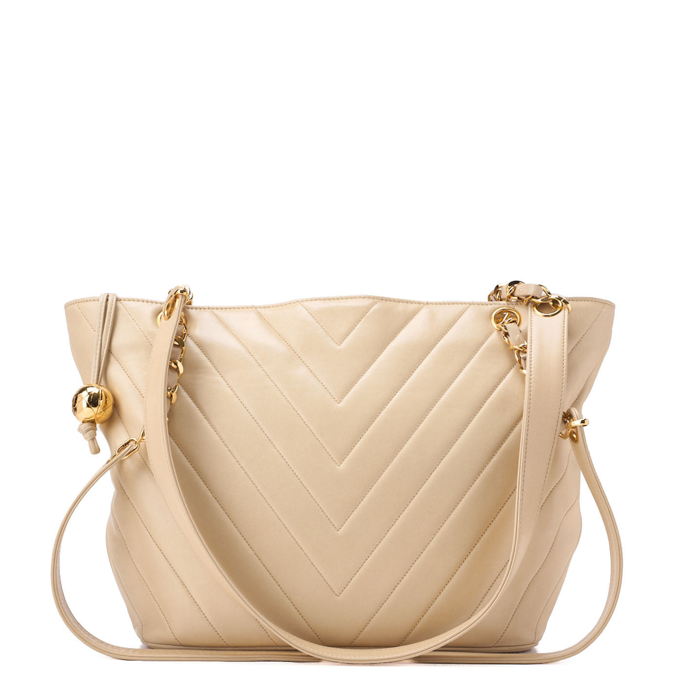 CHANEL V-Stitch Ball Charm Chain Shoulder Bag Lambskin Beige Gold-Tone Hardware, Pre-Owned