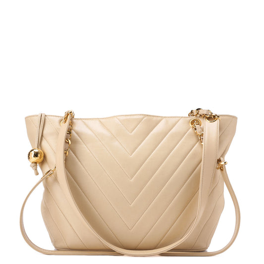 CHANEL V-Stitch Ball Charm Chain Shoulder Bag Lambskin Beige Gold-Tone Hardware, Pre-Owned