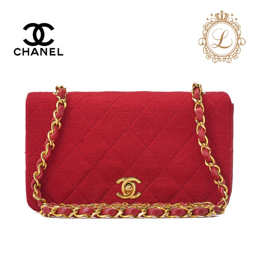 CHANEL Mini Shoulder Bag, Matelasse Full Flap, Chain Shoulder, Cotton, Red, Gold-Tone Hardware, Pre-Owned - Vintage La Charme