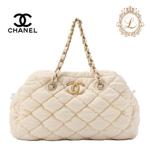CHANEL Shoulder Tote Bag Matelasse Bubble Quilt Cotton Ivory Gold-Tone Hardware Pre-Owned - Vintage La Charme