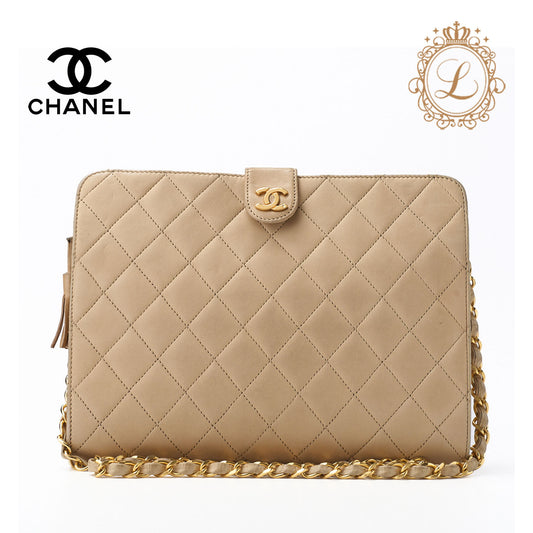 CHANEL Shoulder Bag Matelasse Push Lock Chain Shoulder Lambskin Beige Gold-Tone Hardware Pre-Owned - Vintage La Charme