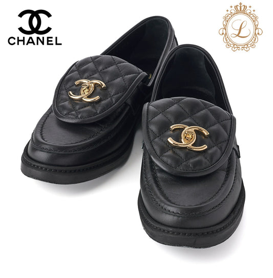 CHANEL Loafers Shoes Matelasse Black Gold-Tone Hardware Pre-Owned - Vintage La Charme