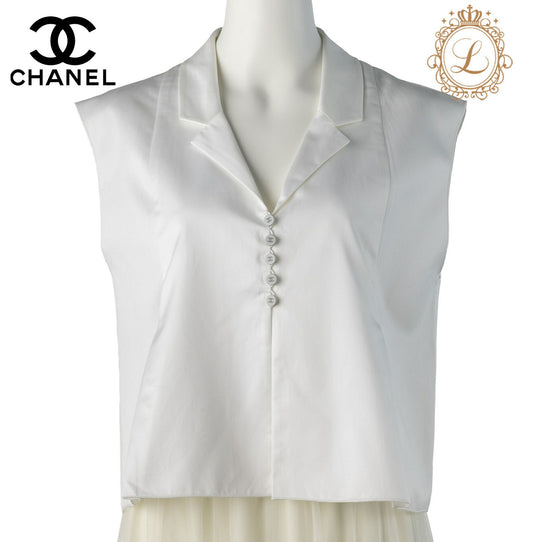 CHANEL Sleeveless Shirt Vest, Coco Button, Cotton, White, Gold-Tone Hardware, Pre-Owned - Vintage La Charme