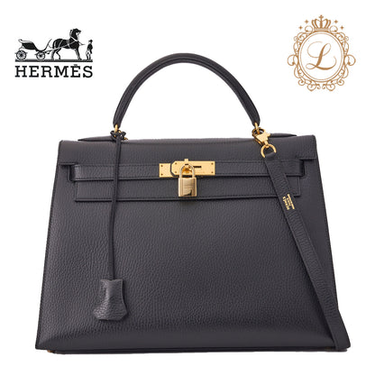 HERMES Kelly 32 2WAY Handbag Ardennes Leather Black Gold-Tone Hardware Pre-Owned - Vintage La Charme