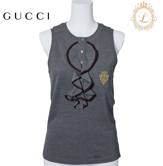 Gucci T-Shirt, Ruffle, Cut-and-Sew, Cotton, Grey, Silver-Tone Hardware, Pre-Owned - Vintage La Charme