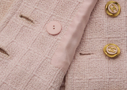 CHANEL Jacket, Coco Button, Tweed, Cotton, Pink, Gold-Tone Hardware, Pre-Owned - Vintage La Charme