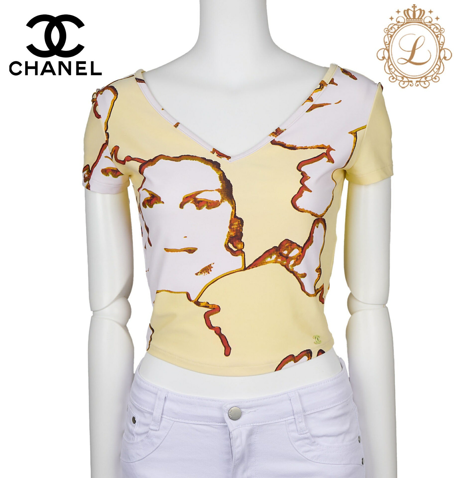 CHANEL T-Shirt, Coco Mark Total Pattern, Short Sleeve, Cotton, Yellow, Gold-Tone Hardware, Pre-Owned - Vintage La Charme