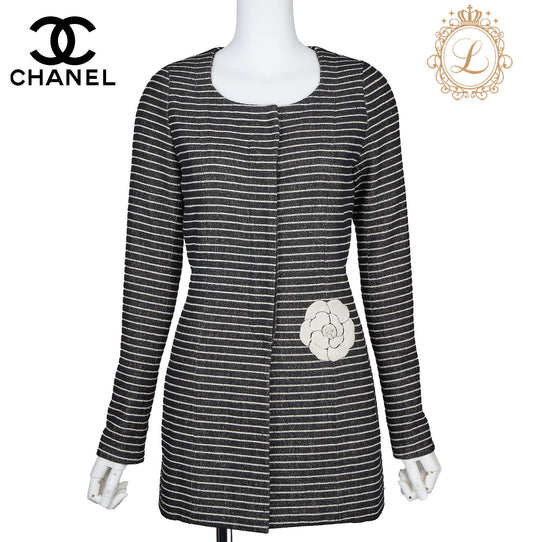 CHANEL Outerwear Coat, Camellia Border, Cotton, Black, Silver-Tone Hardware, Pre-Owned - Vintage La Charme