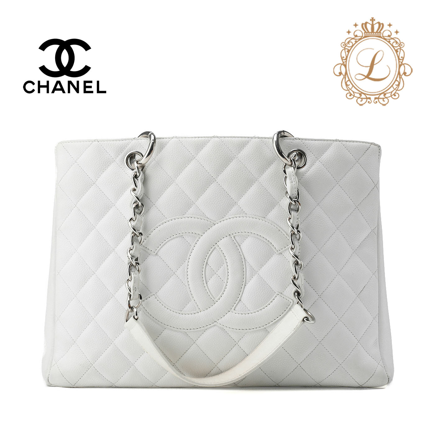 CHANEL Shoulder Tote Bag Matelasse Caviar Skin White Silver-Tone Hardware Pre-Owned - Vintage La Charme