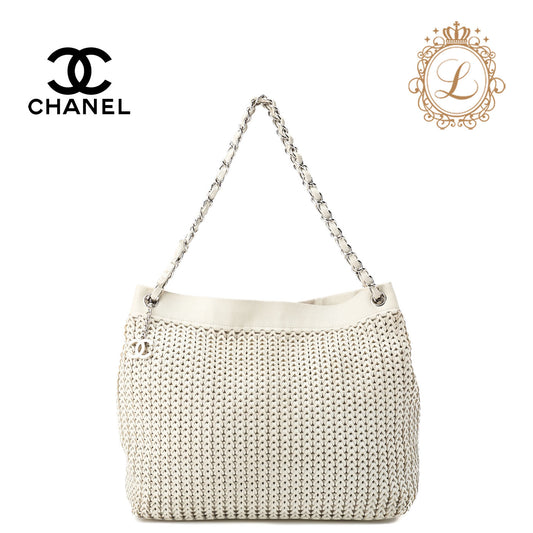 CHANEL Shoulder Tote Bag Braided Chain Leather Ivory Silver-Tone Hardware Pre-Owned - Vintage La Charme