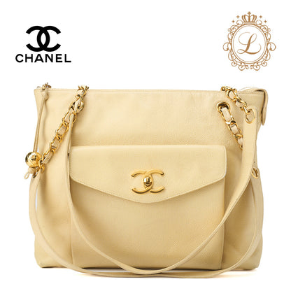 CHANEL Shoulder Tote Bag Double Chain Shoulder Caviar Skin Beige Gold-Tone Hardware Pre-Owned - Vintage La Charme