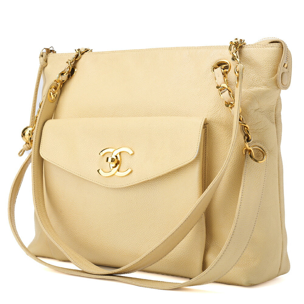 CHANEL Shoulder Tote Bag Double Chain Shoulder Caviar Skin Beige Gold-Tone Hardware Pre-Owned - Vintage La Charme
