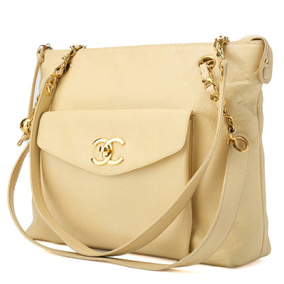 CHANEL Shoulder Tote Bag Double Chain Shoulder Caviar Skin Beige Gold-Tone Hardware Pre-Owned - Vintage La Charme