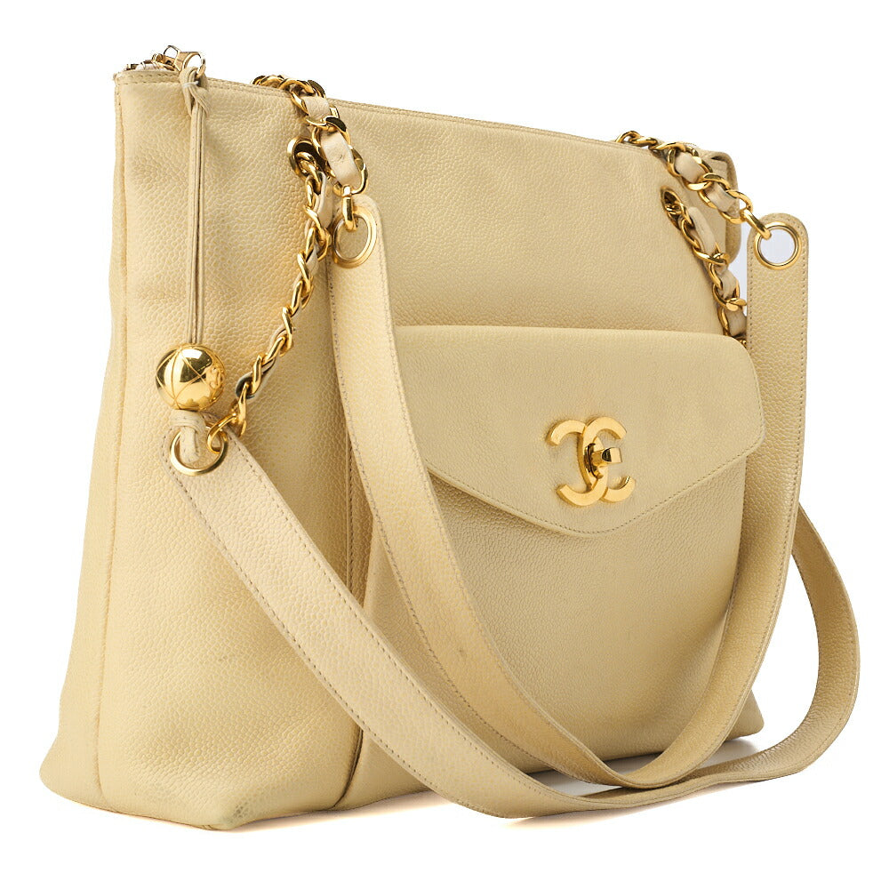 CHANEL Shoulder Tote Bag Double Chain Shoulder Caviar Skin Beige Gold-Tone Hardware Pre-Owned - Vintage La Charme