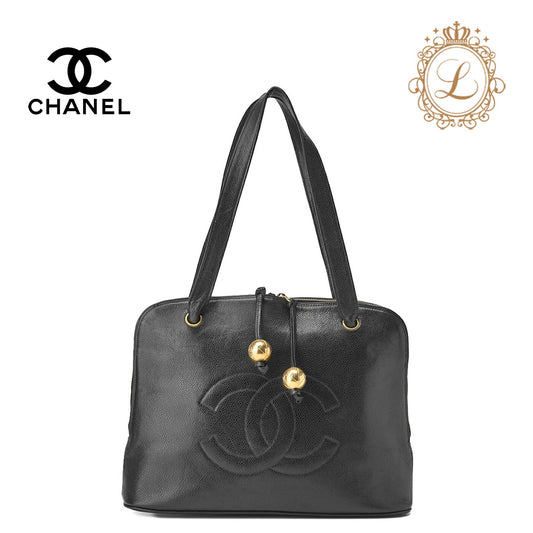 CHANEL Shoulder Tote Bag Coco Mark, Caviar Skin, Black, Gold-Tone Hardware, Pre-Owned - Vintage La Charme