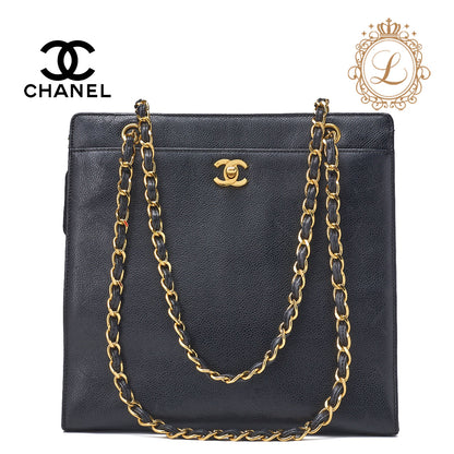 CHANEL Shoulder Tote Bag Coco Mark, Caviar Skin, Black, Gold-Tone Hardware, Pre-Owned - Vintage La Charme