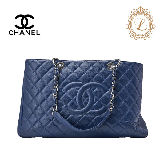 CHANEL Shoulder Tote Bag Matelasse Caviar Skin Navy Silver-Tone Hardware Pre-Owned - Vintage La Charme