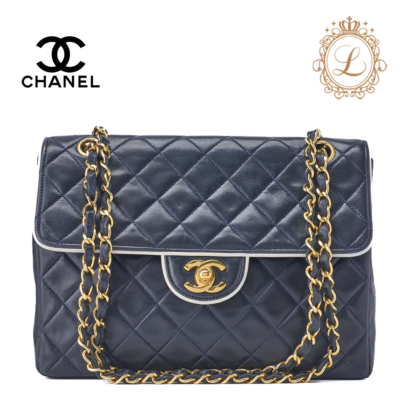 CHANEL Shoulder Tote Bag Matelasse Lambskin Bicolor Navy Gold-Tone Hardware Pre-Owned - Vintage La Charme