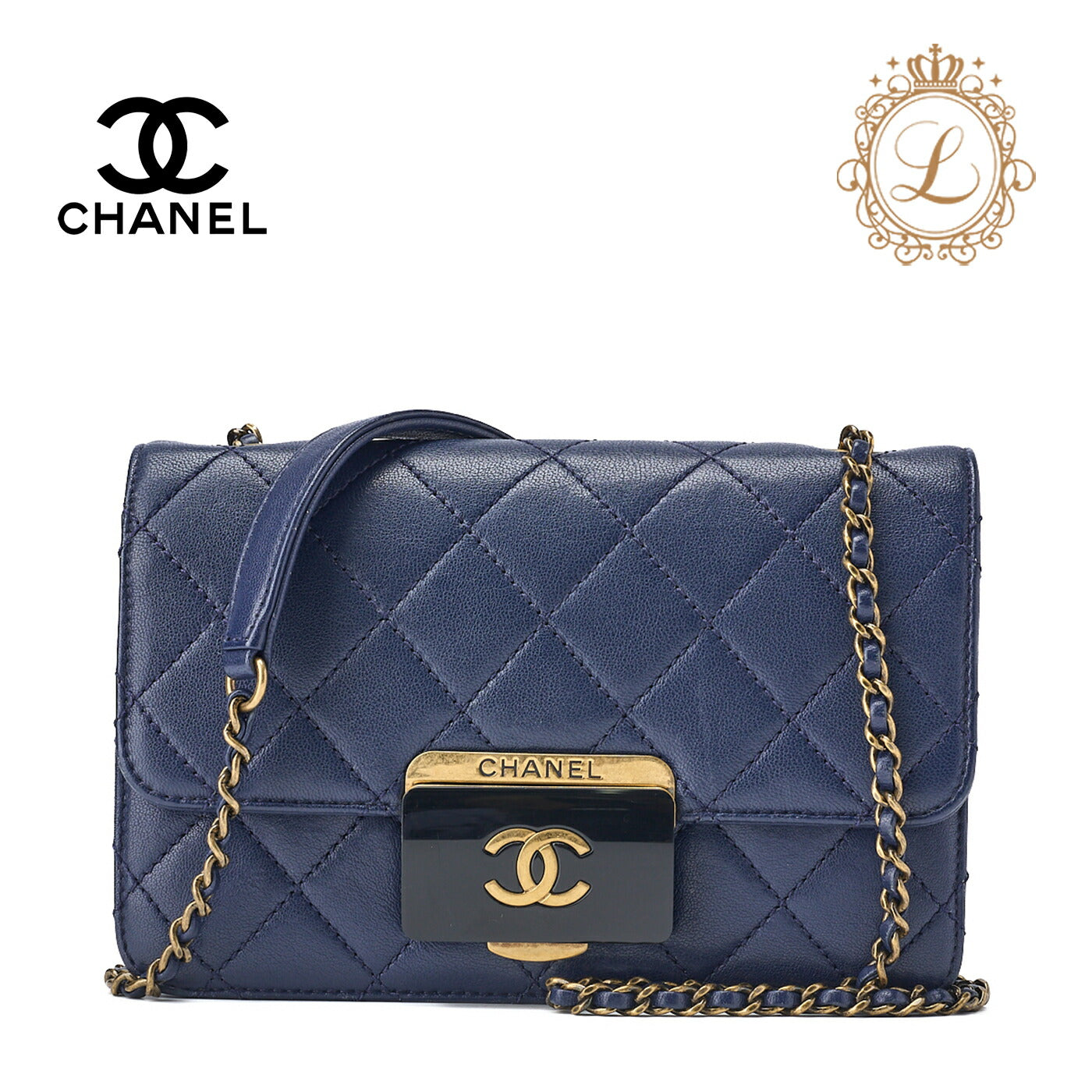 CHANEL Shoulder Tote Bag Matelasse Push Lock Calfskin Navy Gold-Tone Hardware Pre-Owned - Vintage La Charme