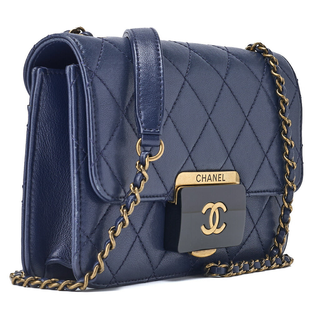 CHANEL Shoulder Tote Bag Matelasse Push Lock Calfskin Navy Gold-Tone Hardware Pre-Owned - Vintage La Charme