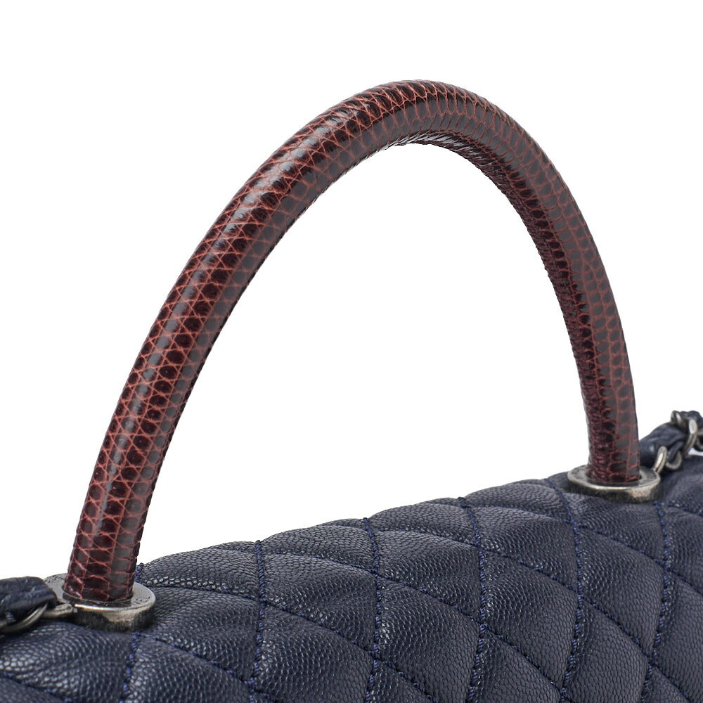CHANEL Shoulder Tote Bag Matelasse Coco Handle 2WAY Caviar Skin Navy Silver-Tone Hardware Pre-Owned - Vintage La Charme