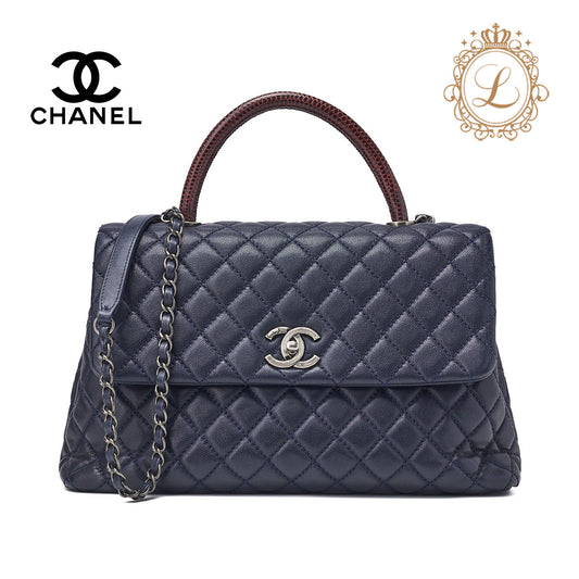 CHANEL Shoulder Tote Bag Matelasse Coco Handle 2WAY Caviar Skin Navy Silver-Tone Hardware Pre-Owned - Vintage La Charme