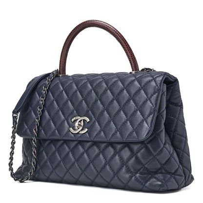 CHANEL Shoulder Tote Bag Matelasse Coco Handle 2WAY Caviar Skin Navy Silver-Tone Hardware Pre-Owned - Vintage La Charme