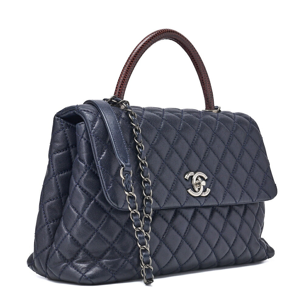 CHANEL Shoulder Tote Bag Matelasse Coco Handle 2WAY Caviar Skin Navy Silver-Tone Hardware Pre-Owned - Vintage La Charme