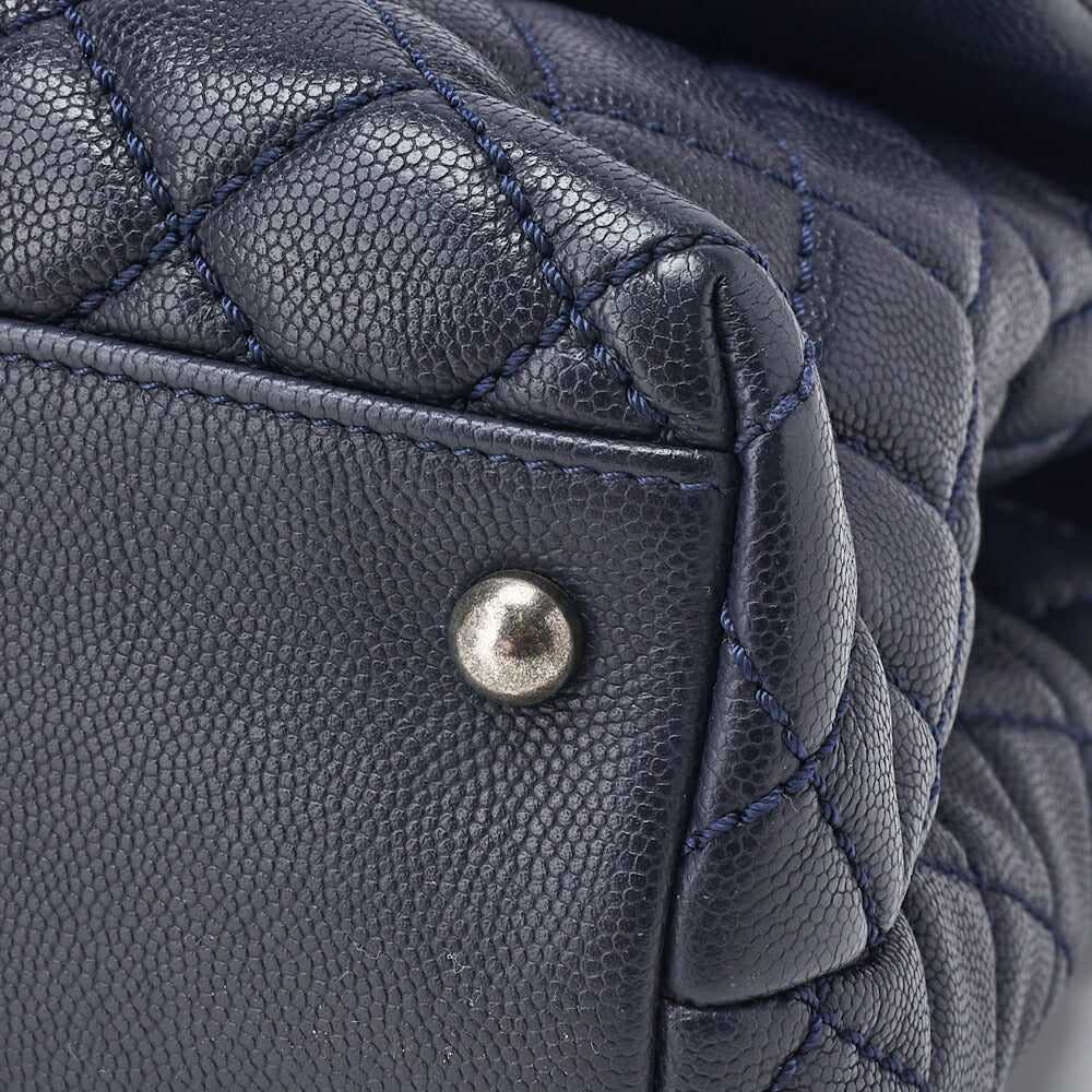CHANEL Shoulder Tote Bag Matelasse Coco Handle 2WAY Caviar Skin Navy Silver-Tone Hardware Pre-Owned - Vintage La Charme
