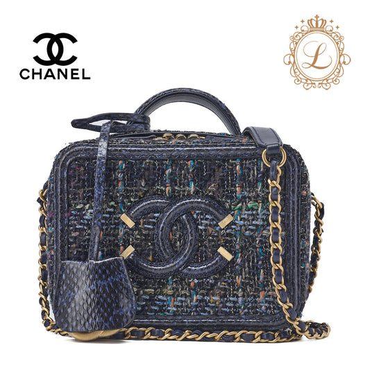 CHANEL Shoulder Tote Bag Coco Mark CC Filigree 2WAY Python Tweed Navy Gold-Tone Hardware Pre-Owned - Vintage La Charme