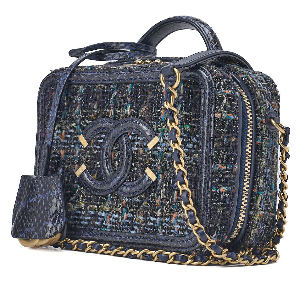 CHANEL Shoulder Tote Bag Coco Mark CC Filigree 2WAY Python Tweed Navy Gold-Tone Hardware Pre-Owned - Vintage La Charme