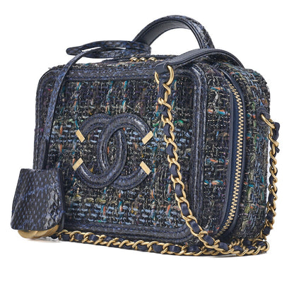 CHANEL Shoulder Tote Bag Coco Mark CC Filigree 2WAY Python Tweed Navy Gold-Tone Hardware Pre-Owned - Vintage La Charme