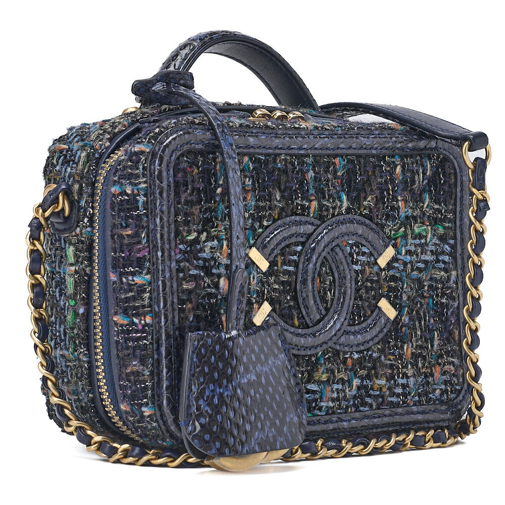 CHANEL Shoulder Tote Bag Coco Mark CC Filigree 2WAY Python Tweed Navy Gold-Tone Hardware Pre-Owned - Vintage La Charme