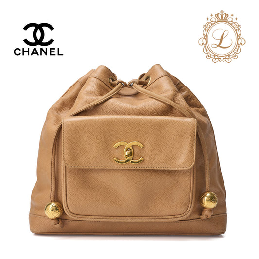CHANEL Shoulder Backpack Bag Outside Flap Drawstring Type Caviar Skin Beige Gold-Tone Hardware Pre-Owned - Vintage La Charme