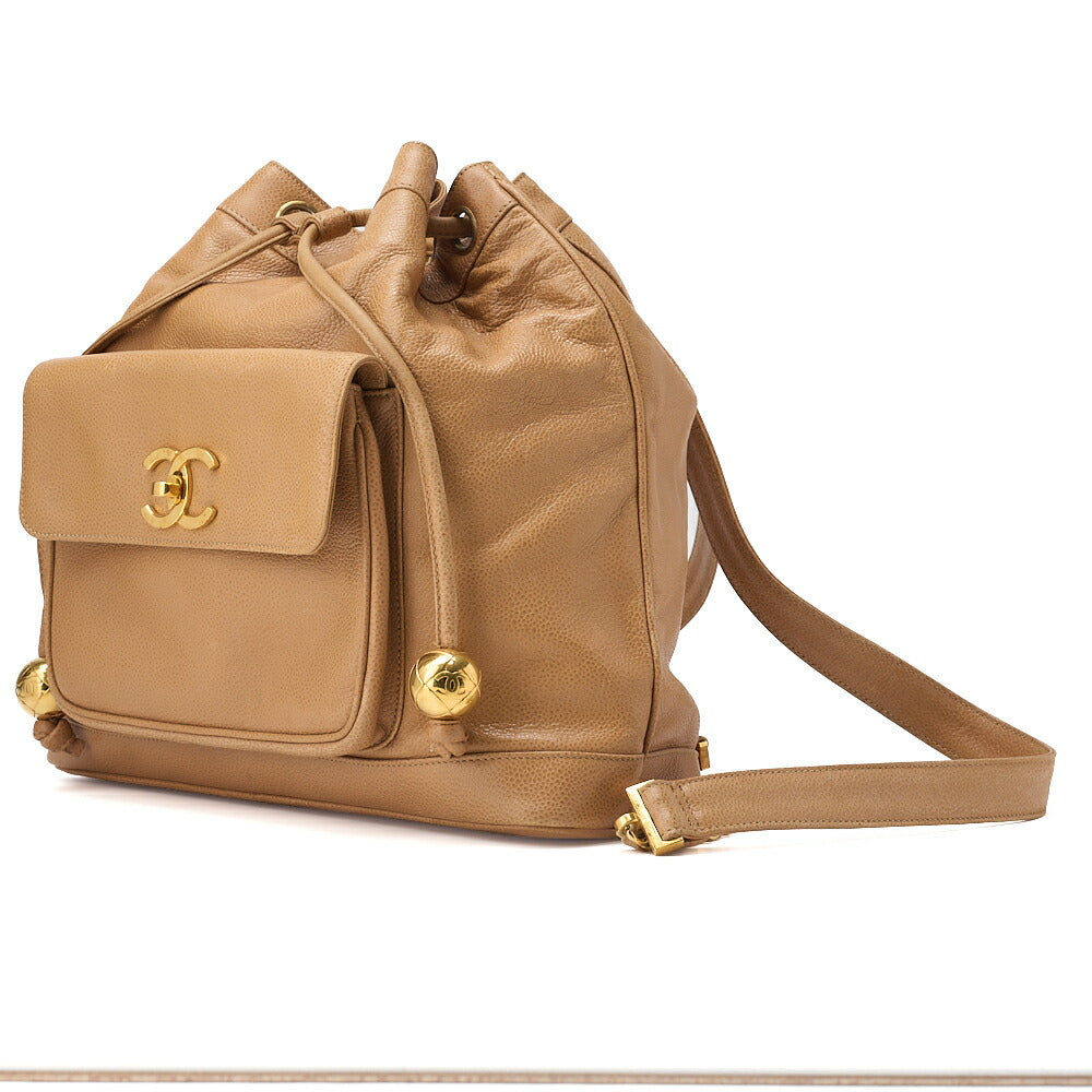 CHANEL Shoulder Backpack Bag Outside Flap Drawstring Type Caviar Skin Beige Gold-Tone Hardware Pre-Owned - Vintage La Charme
