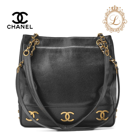 CHANEL Shoulder Tote Bag Triple Coco Double Chain Shoulder Caviar Skin Black Gold-Tone Hardware Pre-Owned - Vintage La Charme