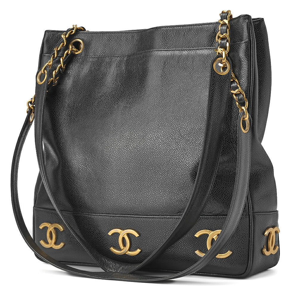 CHANEL Shoulder Tote Bag Triple Coco Double Chain Shoulder Caviar Skin Black Gold-Tone Hardware Pre-Owned - Vintage La Charme