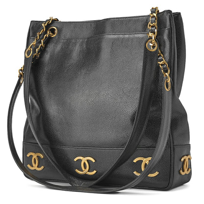 CHANEL Shoulder Tote Bag Triple Coco Double Chain Shoulder Caviar Skin Black Gold-Tone Hardware Pre-Owned - Vintage La Charme