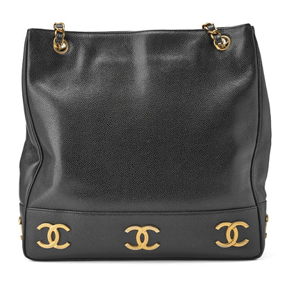 CHANEL Shoulder Tote Bag Triple Coco Double Chain Shoulder Caviar Skin Black Gold-Tone Hardware Pre-Owned - Vintage La Charme