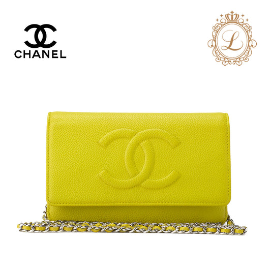 CHANEL Shoulder Bag Chain Wallet Caviar Skin Yellow Silver-Tone Hardware Pre-Owned - Vintage La Charme