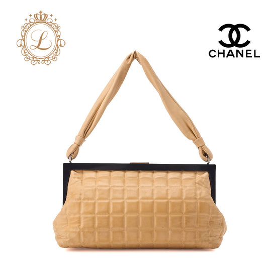 CHANEL Shoulder Bag, Chain Shoulder, Gamaguchi, Canvas, Beige, Silver-Tone Hardware, Pre-Owned - Vintage La Charme
