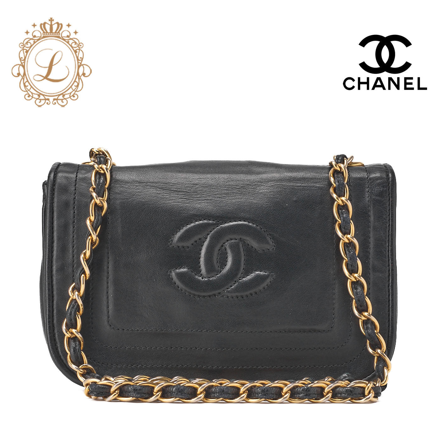 CHANEL Shoulder Bag, Chain Shoulder, Coco Mark, Lambskin, Black, Gold-Tone Hardware, Pre-Owned - Vintage La Charme