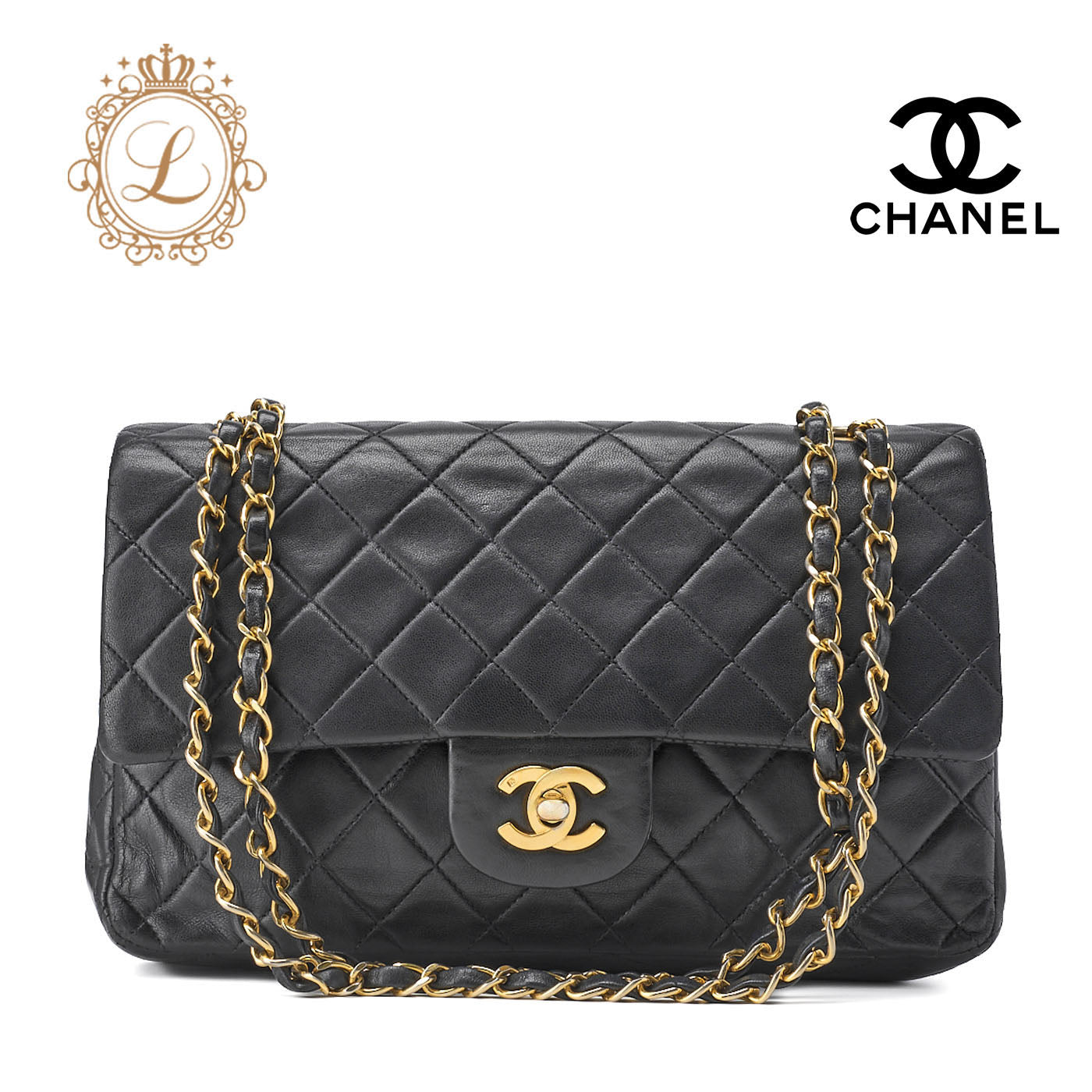 CHANEL Shoulder Bag, Chain Shoulder, Matelasse, Lambskin, Black, Gold-Tone Hardware, Pre-Owned - Vintage La Charme