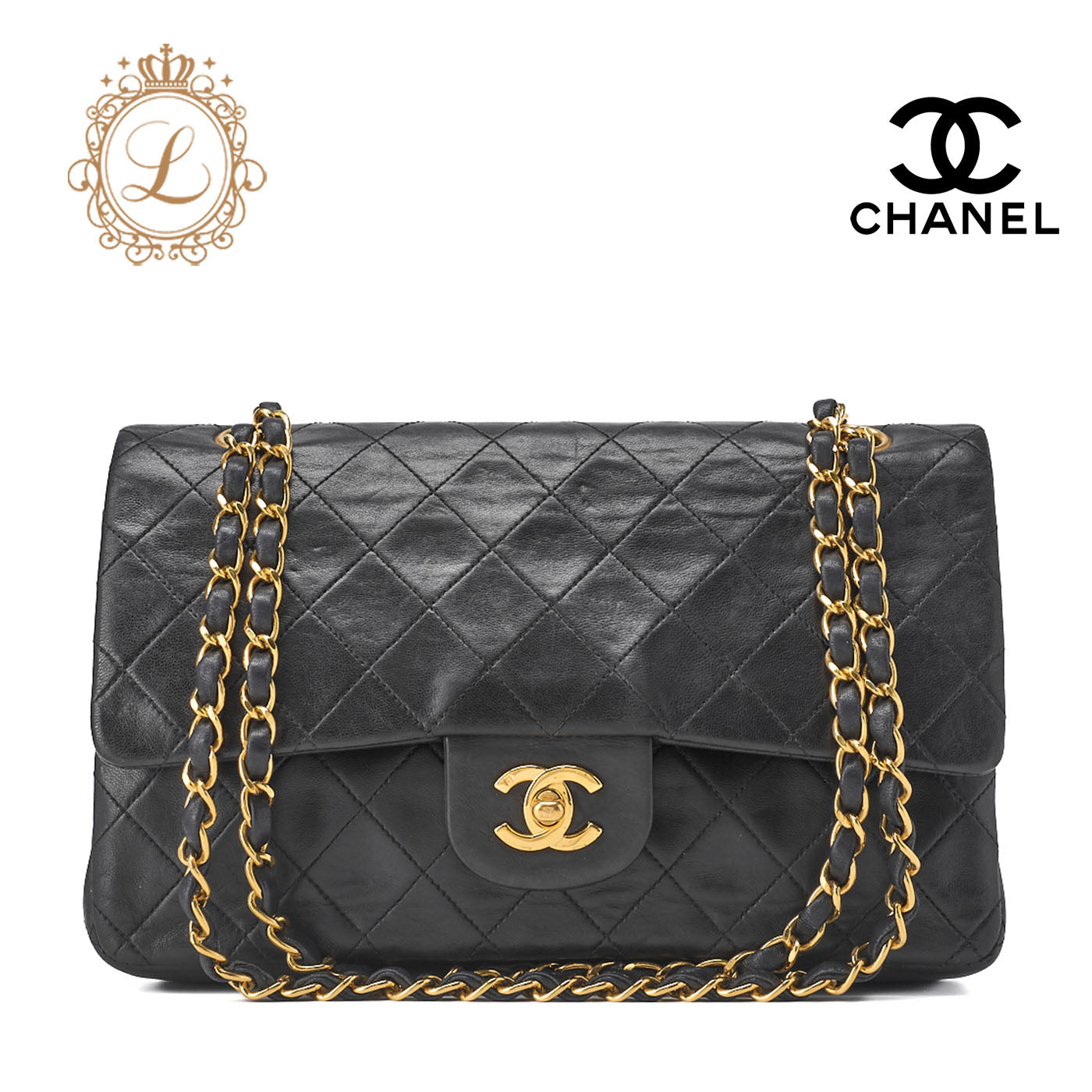 CHANEL Shoulder Bag, Chain Shoulder, Matelasse, Lambskin, Black, Gold-Tone Hardware, Pre-Owned - Vintage La Charme