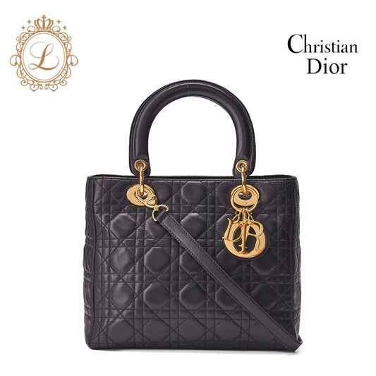 Dior Lady Dior Cannage 2WAY Handbag Lambskin Black Gold-Tone Hardware Pre-Owned - Vintage La Charme