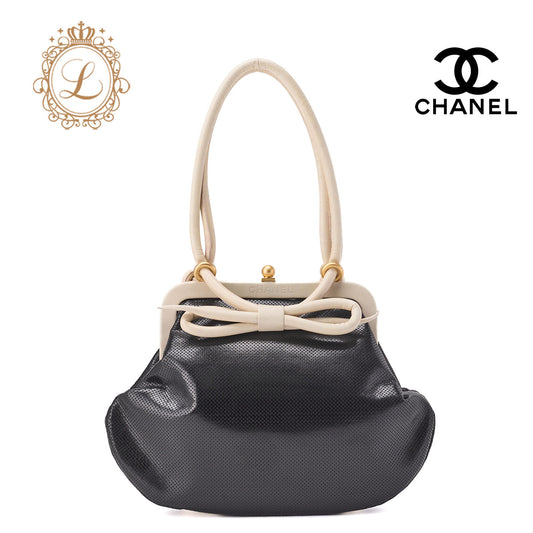 CHANEL Shoulder Tote Bag Gamaguchi Perforated Leather Black Gold-Tone Hardware Pre-Owned - Vintage La Charme
