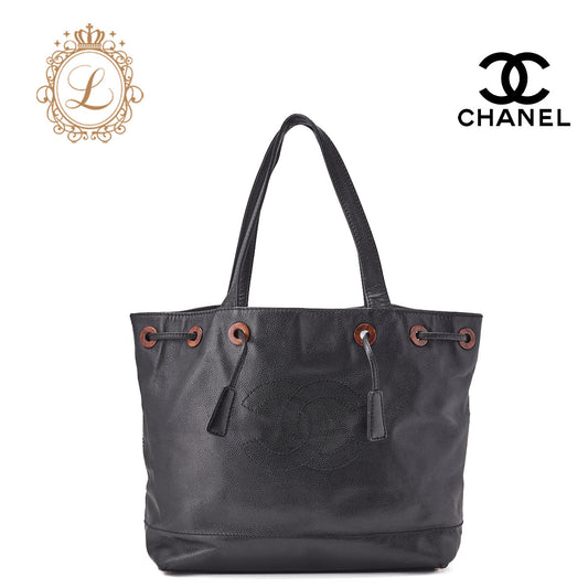 CHANEL Shoulder Bag Coco Mark Drawstring Caviar Skin Wood Pattern Gold-Tone Hardware Pre-Owned - Vintage La Charme
