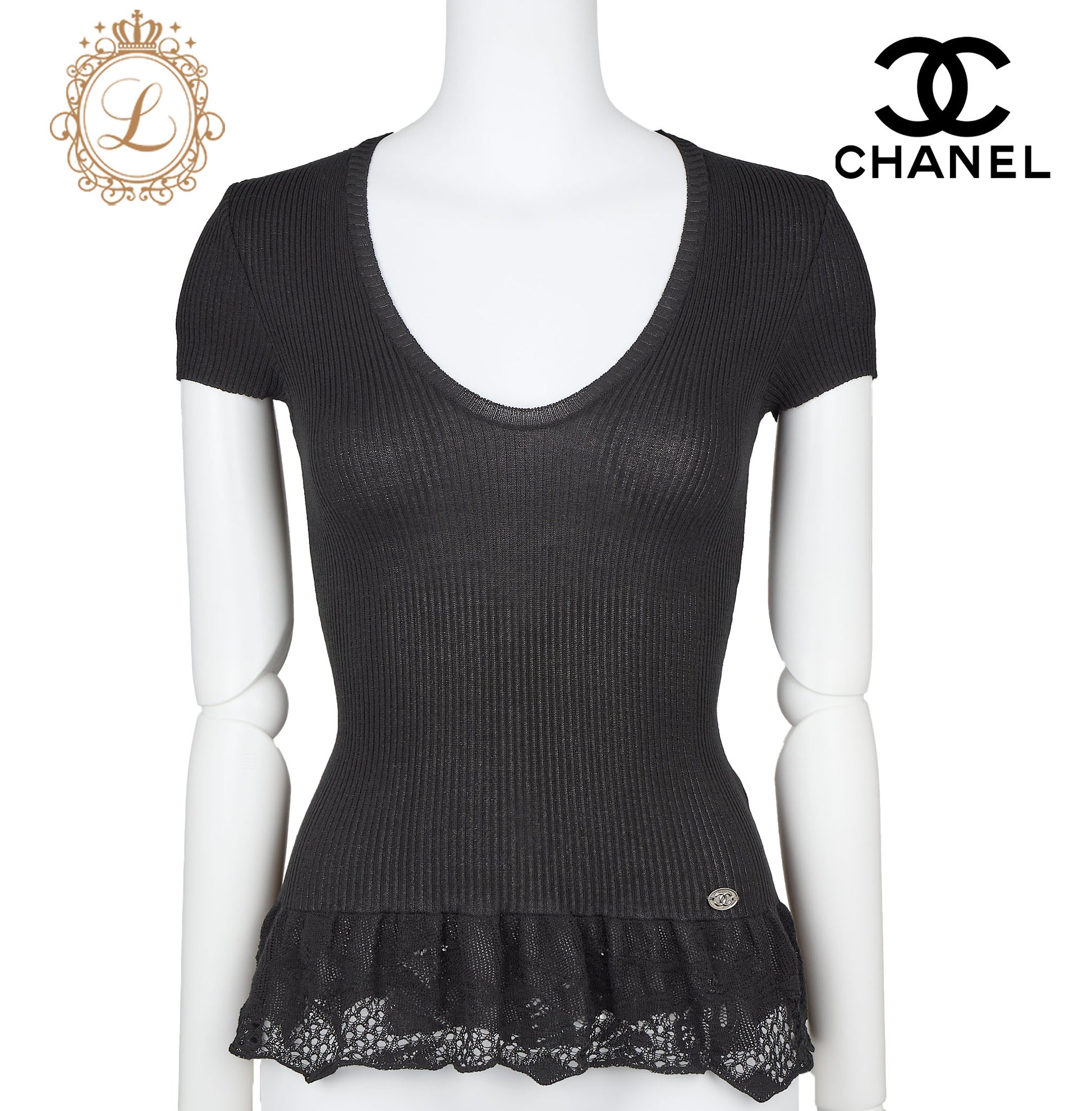 CHANEL T-Shirt, Coco Mark Knit Lace, Cotton Nylon Blend, Black, Silver-Tone Hardware, Pre-Owned - Vintage La Charme