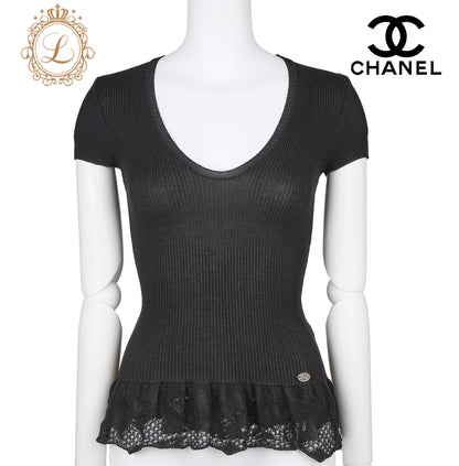 CHANEL T-Shirt, Coco Mark Knit Lace, Cotton Nylon Blend, Black, Silver-Tone Hardware, Pre-Owned - Vintage La Charme